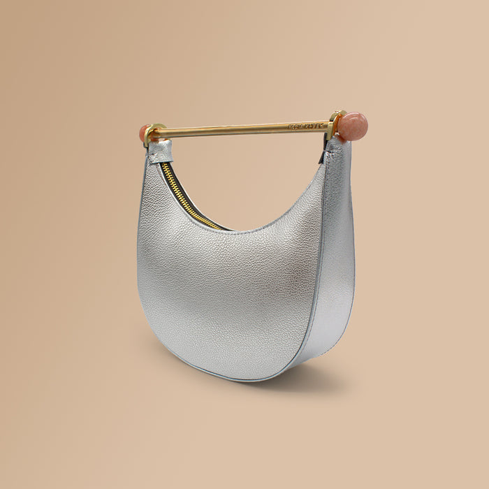 MINI MOON PLATEADO+ HERRAJE DORADO Y ESFERA CUARZO ROSA